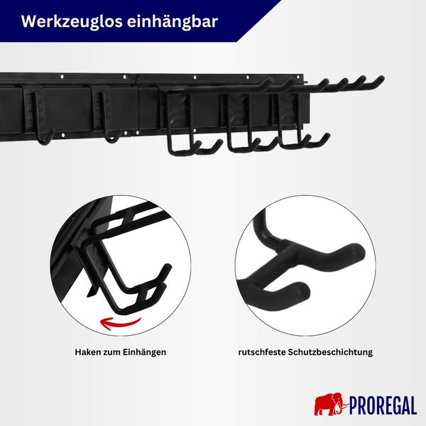 Wandhalterung mit werkzeuglos einhängbaren Haken und rutschfester Schutzbeschichtung von Proregal Logo