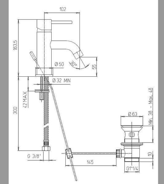 Technische Zeichnung eines Waschbeckenhahns mit Abmessungen
