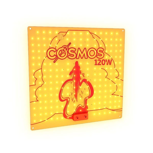 Quadratisches LED-Pflanzenlampen-Panel Cosmos 120 Watt mit zahlreichen Leuchtdioden und dekorativem Grafikdesign.