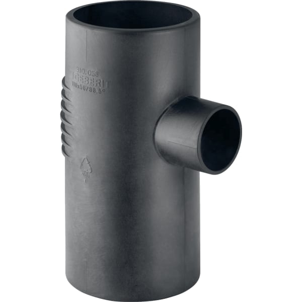 Schwarzer Geberit Polyethylen Abzweig 110 auf 56 Millimeter, 88,5 Grad, für Abwasserleitungen.