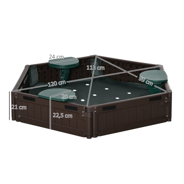 Quadratischer Sandkasten aus Kunststoff mit integrierten Sitzen und Abmessungen.