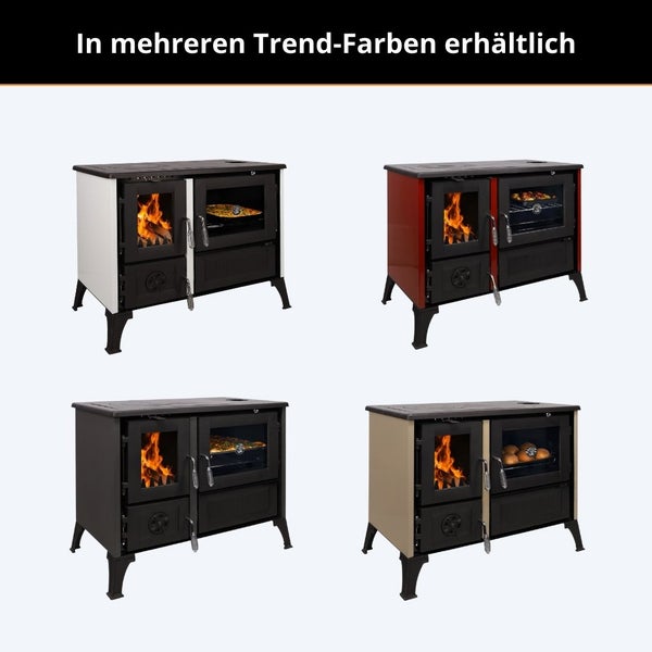 Holzherd mit Backofen in verschiedenen Farbausführungen mit brennendem Feuer und Speisen im Ofen.