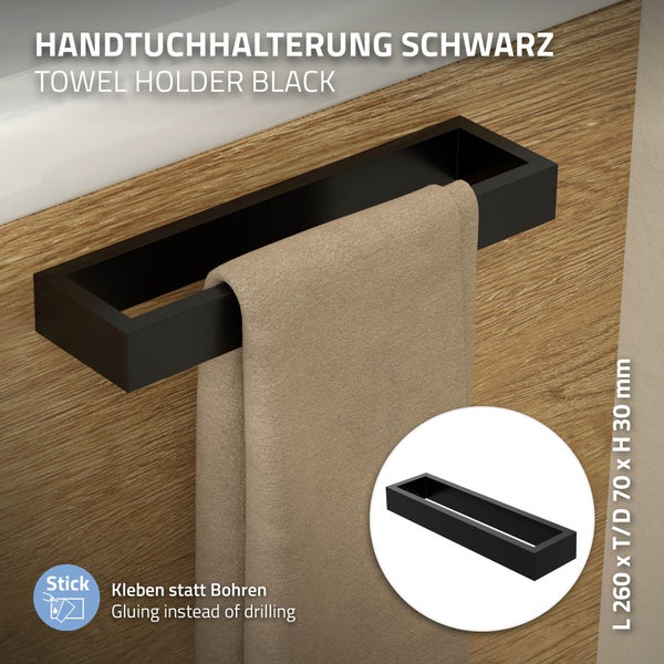 ML-Design Handtuchhalter ohne Bohren 26 cm, Schwarz, aus Stahl, Wandmontage, Badetuchhalter Wand zum kleben für Badezimmer & Küche, Modern, Handtuchstange Wandhalter selbstklebend für Handtücher