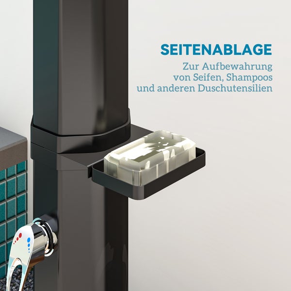 Outsunny Solardusche 35 Liter Solar Gartendusche mit Wasserhahn Duschkopf Handbrause seitliche Tablett, bis 55 °C, Aussendusche ohne Stromanschluss Pooldusche Campingdusche Regendusche warmes Wasser