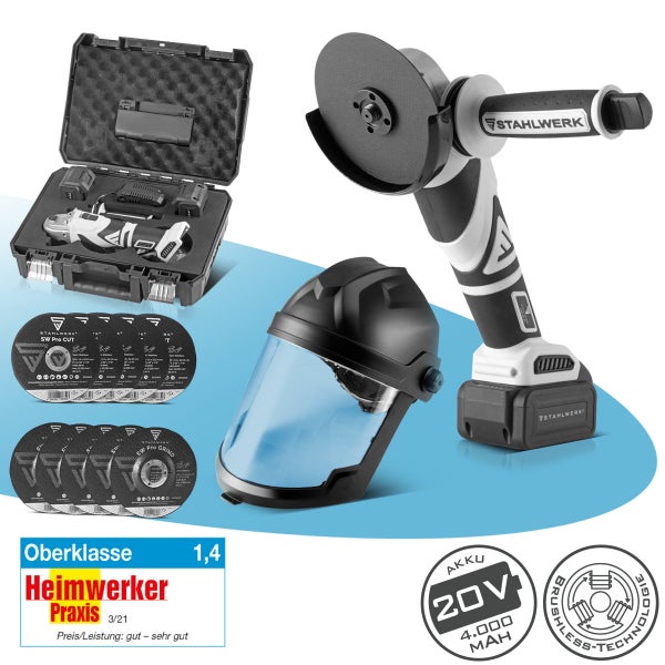 Akku Winkelschleifer Set mit Trennscheiben, Schleifscheiben und Gesichtsschutz