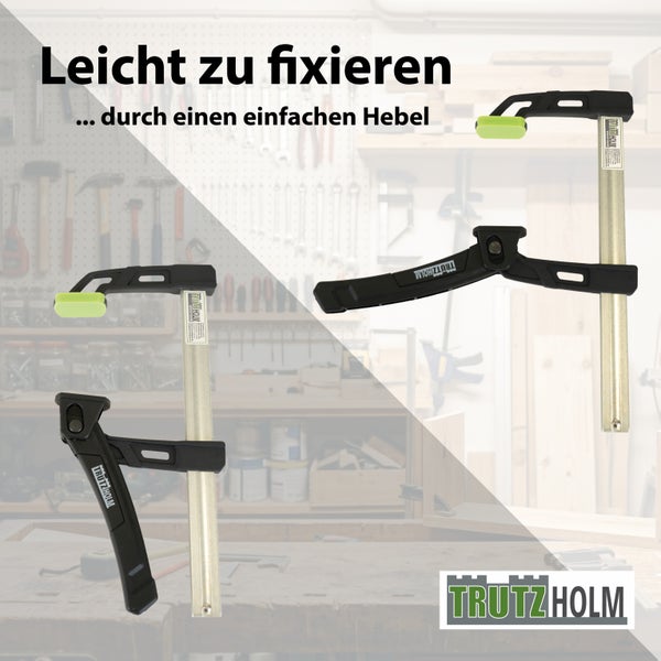 Trutzholm Hebelzwinge mit Schnellspannfunktion in einer Werkstatt, einfache Fixierung durch Hebelmechanismus. Trutzholm Logo.