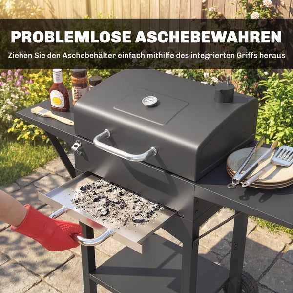 Outsunny Holzkohlegrill mit Deckel, BBQ Smoker Grill mit 2 Seitentischen Große Grillfläche Grillrost Thermometer Räder, Grillwagen Standgrill Kohlegrillwagen 110 x 46,5 x 101 cm Schwarz