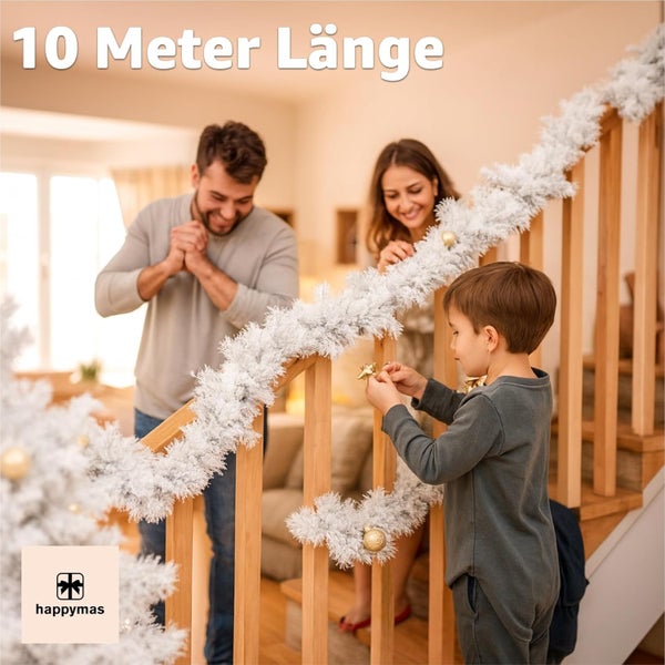 Familie schmückt Treppengeländer mit 10 Meter langer, weißer Weihnachtsgirlande.