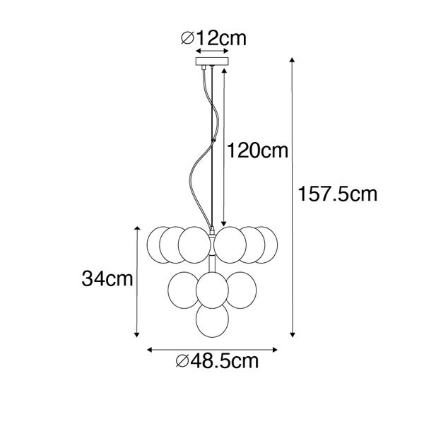 Technische Zeichnung einer Pendelleuchte mit den Maßen: 157,5 cm hoch, 48,5 cm Durchmesser und 12 cm Deckenbefestigungsdurchmesser.