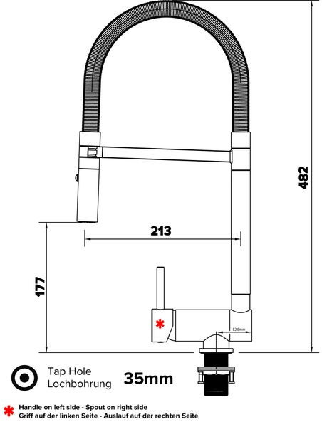 Wasserhahn Vorfenster Küchenarmatur, Umklappbar 6 CM, LINKER HEBEL, mit 360° schwenkbarem Auslauf abnehmbare 2 strahl Handbrause, Verchromt / Rot