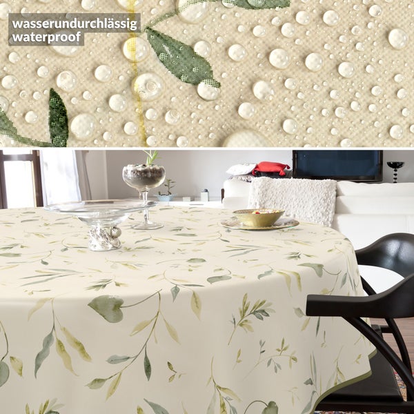 Detailaufnahme wasserdichter Tischdecke mit Blättermuster im Wohnzimmer