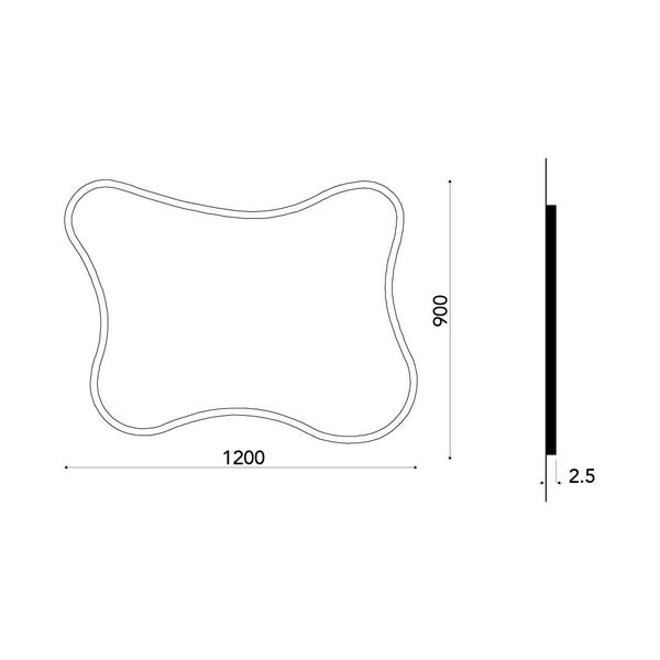 Technische Zeichnung eines wellenförmigen Spiegels, Breite 1200 Millimeter, Höhe 900 Millimeter, Tiefe 2,5 Millimeter.