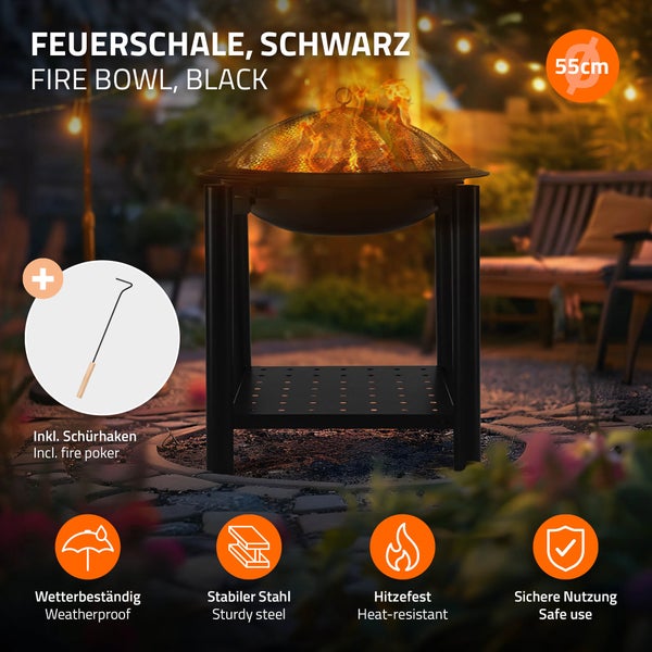 ECD Germany Feuerschale mit Funkenschutz & Grillrost, aus Stahl, Ø55 cm, robust, stabil & rostbeständig, für Garten/Heizung/BBQ, 2in1 Grill Feuerstelle Feuerkorb Feuerhaken Funkenfluggitter Schürhaken