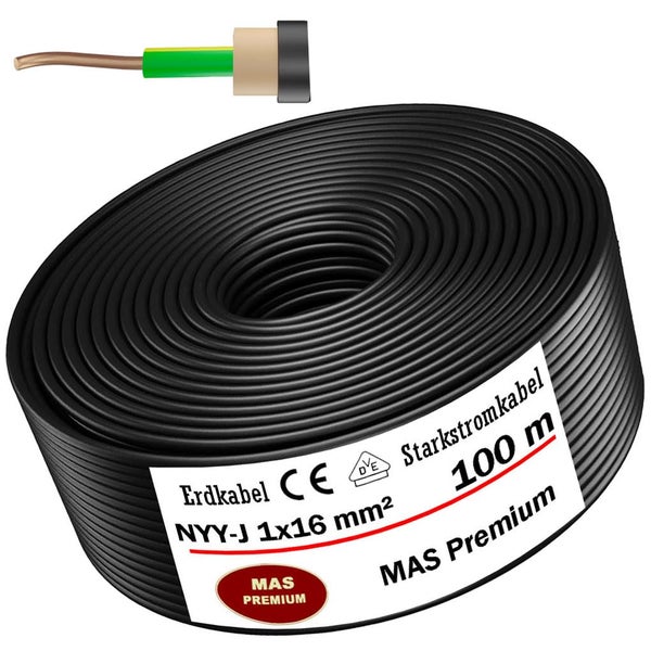 MAS Premium Logo auf einer 100 Meter Rolle Erdkabel NYY-J 1x16 Quadratmillimeter Starkstromkabel mit Kupferleiter, CE- und VDE-Kennzeichnung.