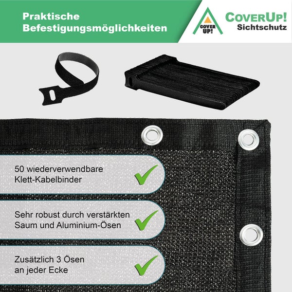 CoverUp! Balkon Sichtschutz 0,9m x 6m (180 g/m²) – Balkonverkleidung Terrassensichtschutz Blickdicht – inkl. 50 Klett-Kabelbinder - schwarz