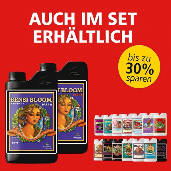 Advanced Nutrients Düngerset mit Sensi Bloom Teil A und B sowie weiteren Pflanzendüngern. Bis zu 30 Prozent Ersparnis beim Kauf als Set.
