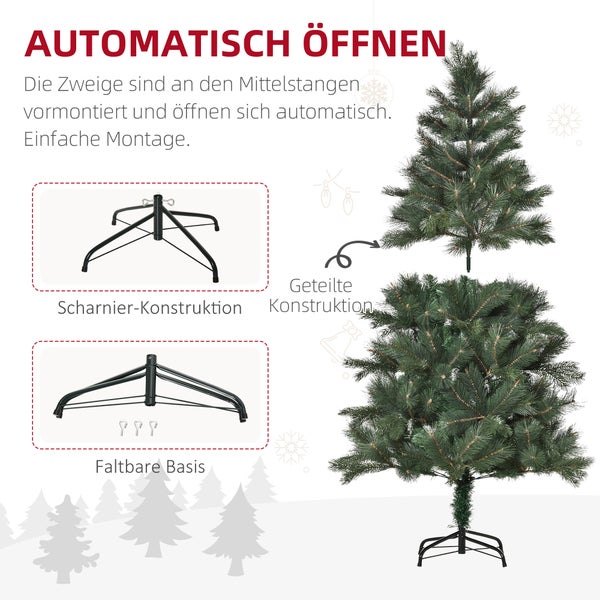 Künstlicher Weihnachtsbaum mit Scharnier-Konstruktion zum automatischen Öffnen, geteiltem Stamm und faltbarem Metallständer.