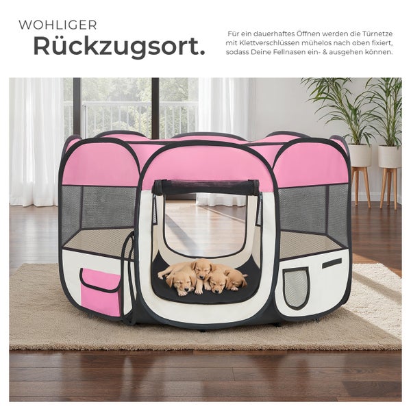 Pinkfarbener Hunde Laufstall mit Netzseiten und Welpen