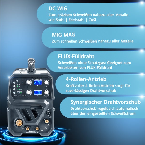 STAHLWERK MTM-200 ST Schweißgerät mit Funktionen wie DC WIG, MIG MAG, FLUX-Fülldraht, 4-Rollen-Antrieb und synergischem Drahtvorschub