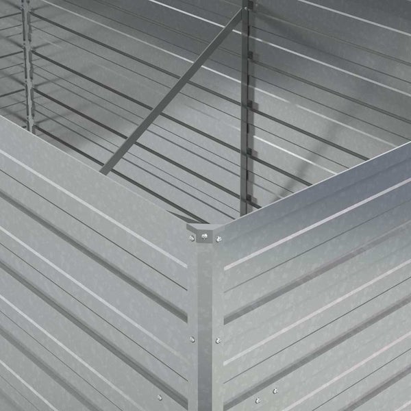 Nahaufnahme der Metallecke und der inneren Verstrebung eines Hochbeets aus verzinktem Stahl.