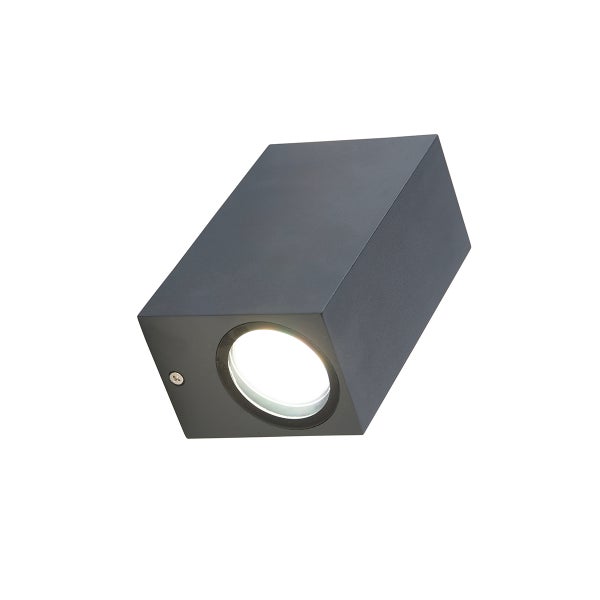 Rechteckige Außenwandleuchte in Schwarz mit einer runden Lichtquelle.