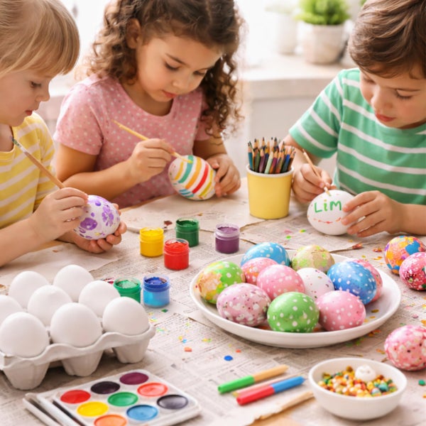 Drei Kinder dekorieren an einem Tisch Ostereier mit Farben, Pinseln und Bastelbedarf in einer hellen Umgebung.