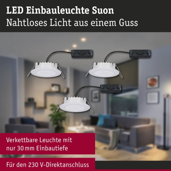 Drei weiße LED Einbauleuchten Suon, verkettbar, 30 Millimeter Einbautiefe, 230 Volt Direktanschluss, in einem modernen Wohnzimmer.