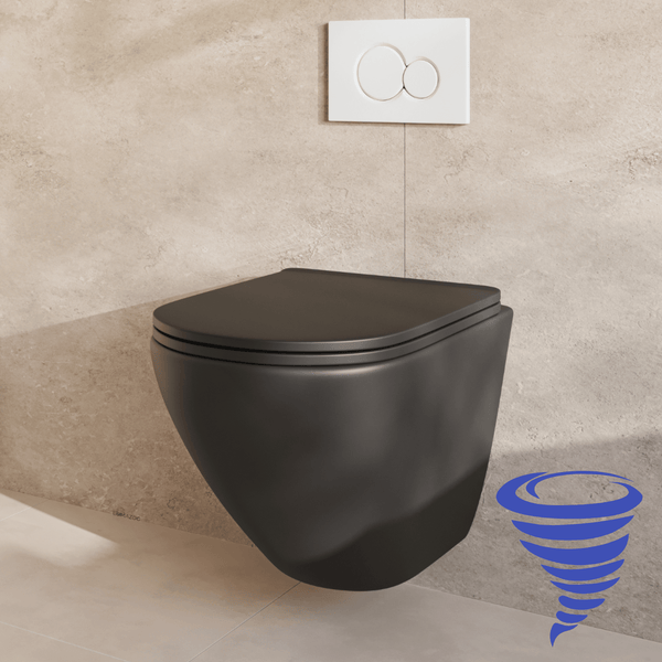 Wandhängendes WC in mattem Design mit Unterputz Spülbetätigungsplatte vor einer Wand mit Natursteinoptik Fliesen.