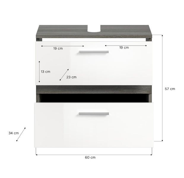 Waschbeckenunterschrank mit zwei Schubladen und Maßangaben: Breite 60 Zentimeter, Höhe 57 Zentimeter, Tiefe 34 Zentimeter.