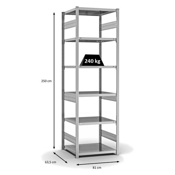 PROREGAL Fachbodenregal Stecksystem T-Profil Medium-Duty Grundregal HxBxT 250 x 75 x 60 cm 6 Ebenen Fachlast 240 kg Beidseitig Nutzbar Verzinkt