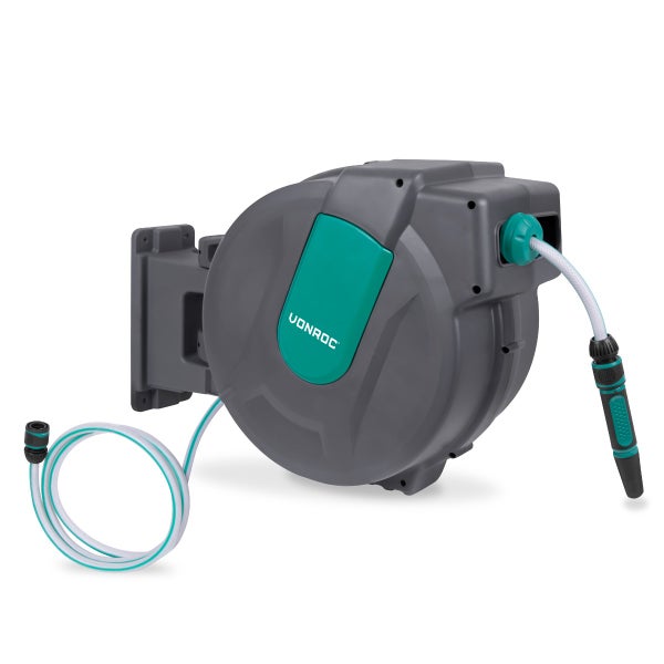 VONROC Schlauchtrommel Gartenschlauch als Schlauchaufroller 35 Meter - Wasserschlauch 180 drehbar als Schlauchbox inkl. Schlauchhalter Wand & Einzugautomatik - Grün