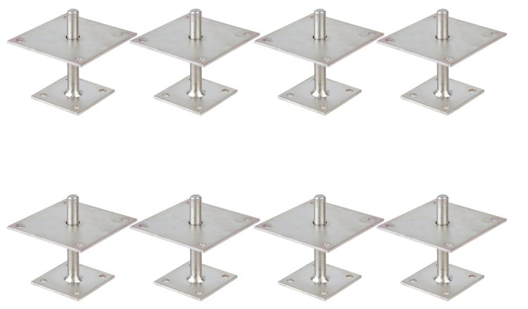 Acht verstellbare Pfostenträger aus Stahl mit quadratischen Grundplatten und Gewindestangen zur Montage.