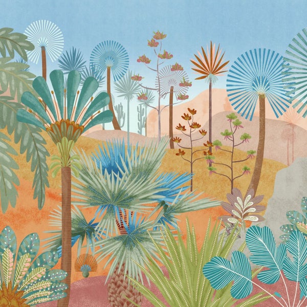 Illustration einer Wüstenlandschaft mit verschiedenen Palmen