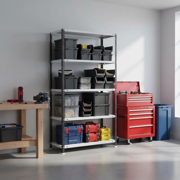 Organisierte Werkstatt mit Metallregal, Kunststoffboxen, Werkzeugkoffern, hölzerner Werkbank mit Schraubstock und rotem Werkstattwagen.