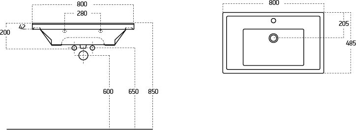 Technische Zeichnung eines Waschtisches mit Maßangaben.