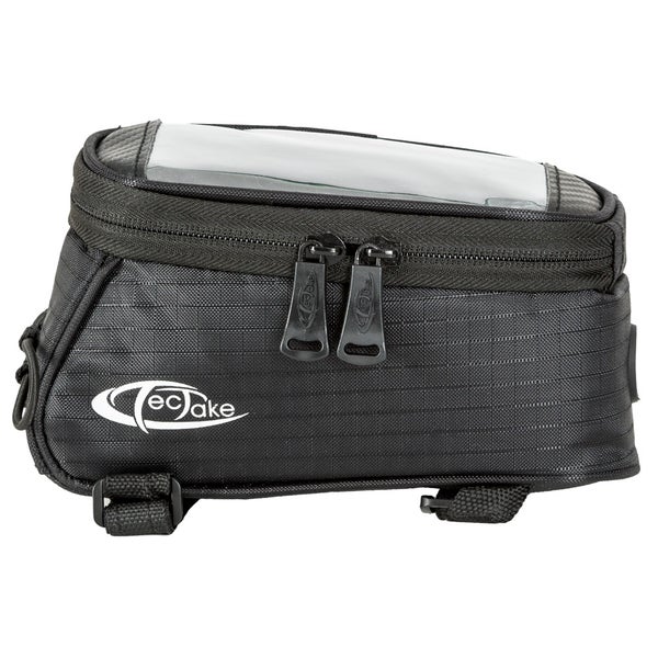 Schwarze Fahrradrahmentasche mit transparentem Fach und Reißverschluss