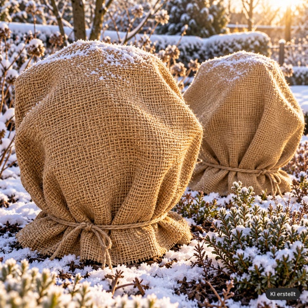 Zwei Pflanzen im Garten, die mit Winterschutzvlies aus Jute vor Frost geschützt sind, im verschneiten Außenbereich.