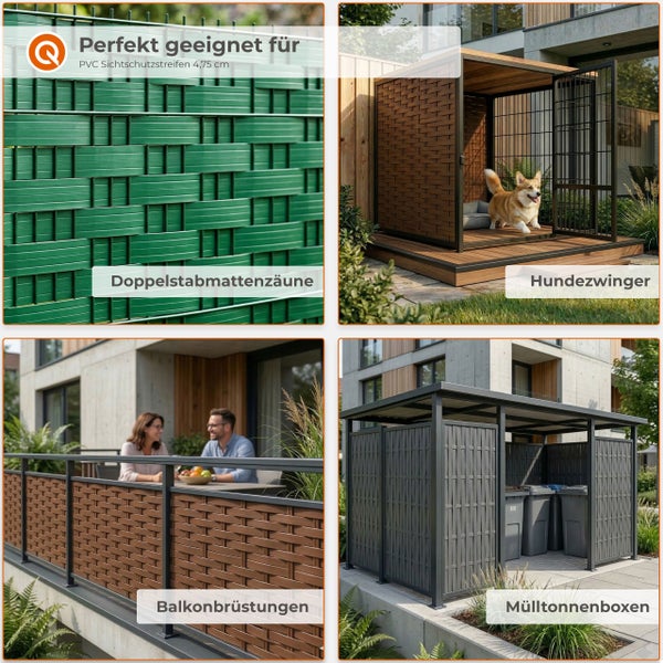 Anwendungsbeispiele für PVC-Sichtschutzstreifen an Doppelstabmattenzäunen, Hundezwingern, Balkonbrüstungen und Mülltonnenboxen.