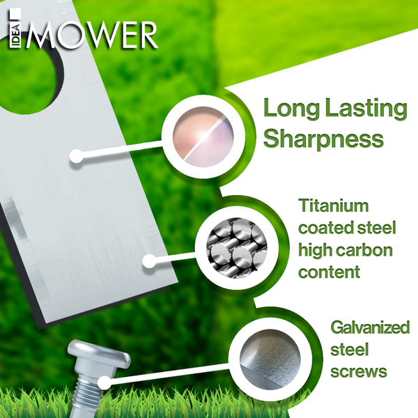 Hochwertiges Rasenmähermesser aus Stahl mit Titanbeschichtung und verzinkten Stahlschrauben