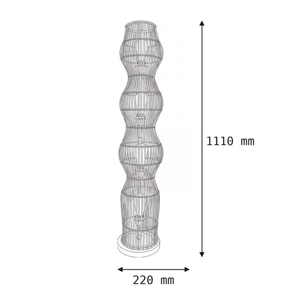 Skizze einer Stehleuchte aus Geflecht mit vier Leuchtmitteln, Höhe 1110 Millimeter, Breite 220 Millimeter.