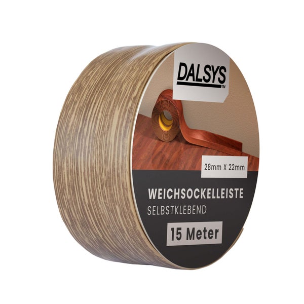 Selbstklebende Dalsys Weichsockelleiste in Holzoptik, Rolle mit 15 Meter Länge und Maßen von 28 Millimeter mal 22 Millimeter.
