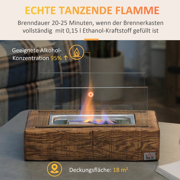 HOMCOM, Ethanol-Kamin, Bio-Ethanol-Brenner, 33L x 16B x 18H cm, Beton, Edelstahl, Naturholz