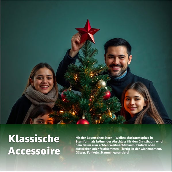 Familie schmückt einen Weihnachtsbaum mit einer Stern-Baumspitze.