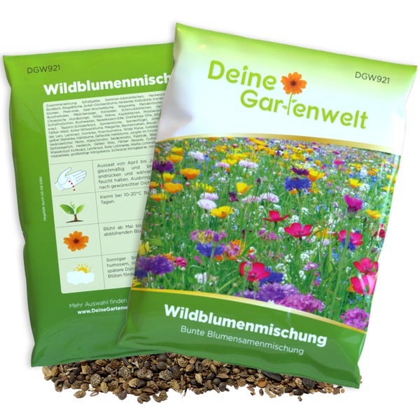Wildblumenmischung von Deine Gartenwelt, Blumensamenmischung mit Informationen zu Aussaat und Keimung sowie losen Samen. Deine Gartenwelt Logo.