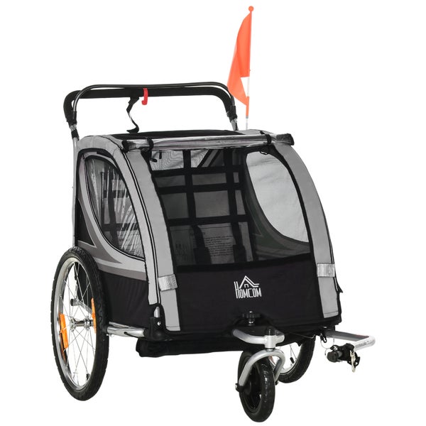 HOMCOM 2 in 1 Kinderanhänger klappbar Fahrradanhänger mit abnehmbarem Vorderrad, Hinterradbremsen, Kinderfahrradanhänger für 2 Kinder ab 18 Monate, bis 26,4 kg belastbar, Grau
