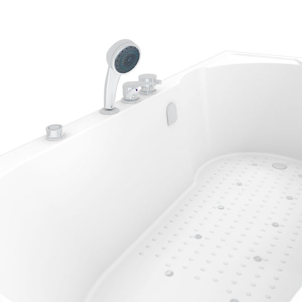 Detailansicht einer weißen Whirlpoolbadewanne mit Handbrause und Düsen