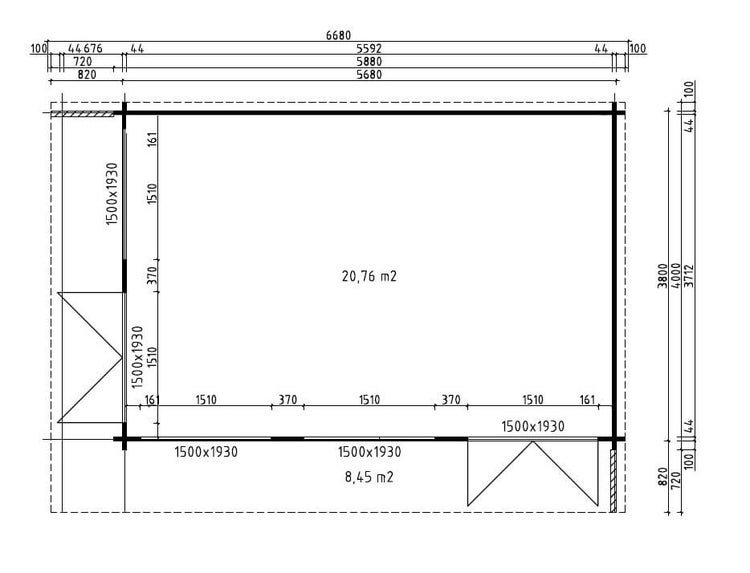 Grundrisszeichnung eines Gartenhauses aus Holz mit detaillierten Maßangaben, einer Innenfläche von 20,76 Quadratmetern und einer Terrasse.