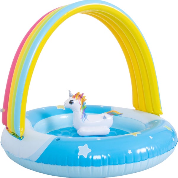 Aufblasbarer Kinderpool mit Einhorn Motiv und integriertem Regenbogen Sonnenschutz