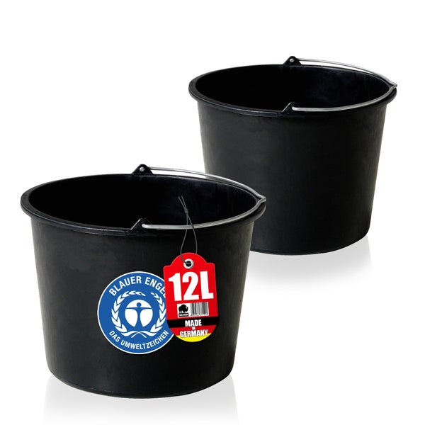 BigDean 2x Baueimer 12l - Mörteleimer mit Henkel - Eimer für Baustelle & Garten - Stabiler Wasserkübel, Betoneimer mit Skala, Blauer Engel, Made in Germany