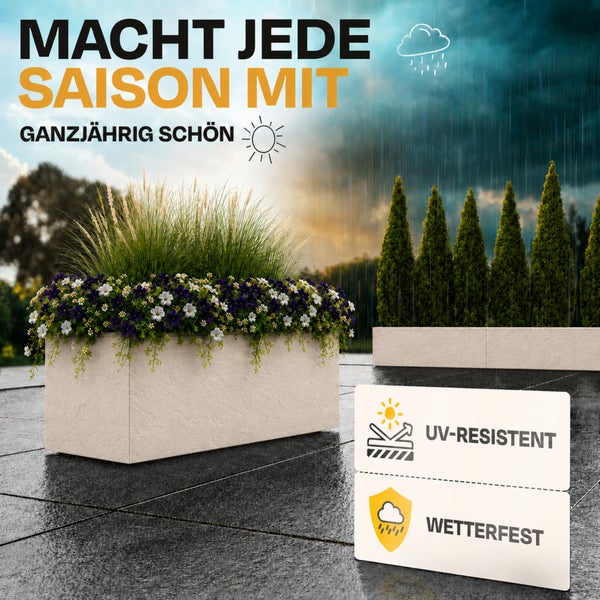Pflanzkübel mit Blumen und Ziergras im Außenbereich, ganzjährig nutzbar, UV-beständig und wetterfest.